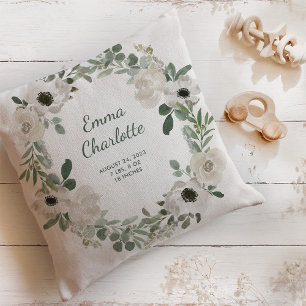 Pretty White Flowers and Greenery Baby Birth Stats Cushion