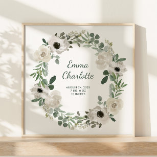 Pretty White Flowers and Greenery Baby Birth Stats Poster