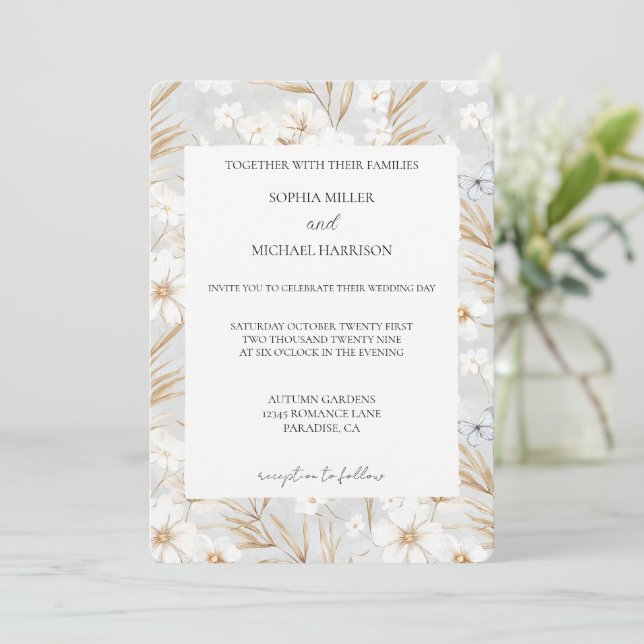 Pretty White Flowers Blue Butterflies Wedding Invitation (Standing Front)