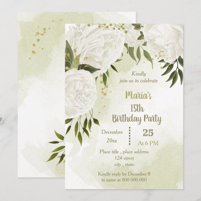  pretty white flowers greenery birthday party invitation (Front/Back)