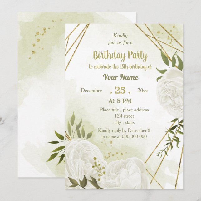  pretty white flowers greenery birthday party invitation (Front/Back)