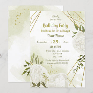 pretty white flowers greenery birthday party invitation