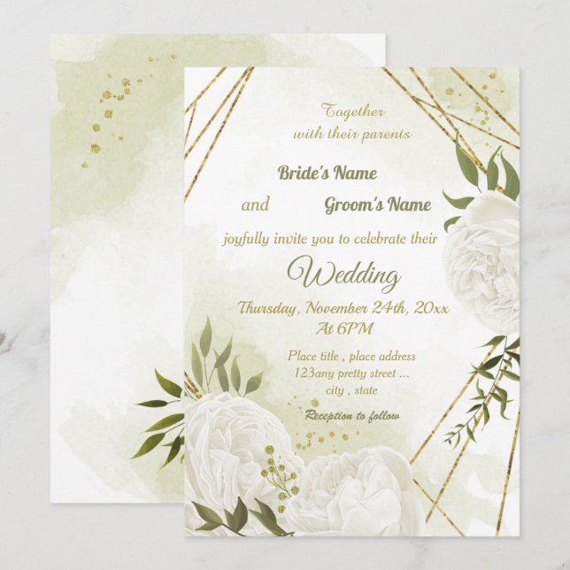 pretty white flowers greenery geometric wedding invitation (Front/Back)