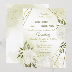 pretty white flowers greenery geometric wedding invitation