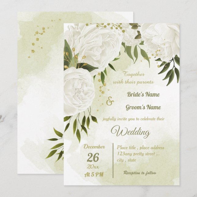 pretty white flowers greenery geometric wedding invitation (Front/Back)