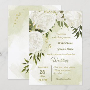 pretty white flowers greenery geometric wedding invitation