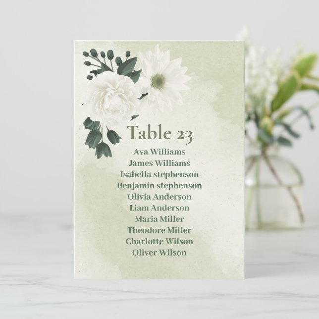 Pretty white flowers greenery seating chart card (Standing Front)