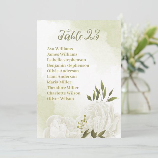 pretty white flowers greenery seating chart card (Standing Front)
