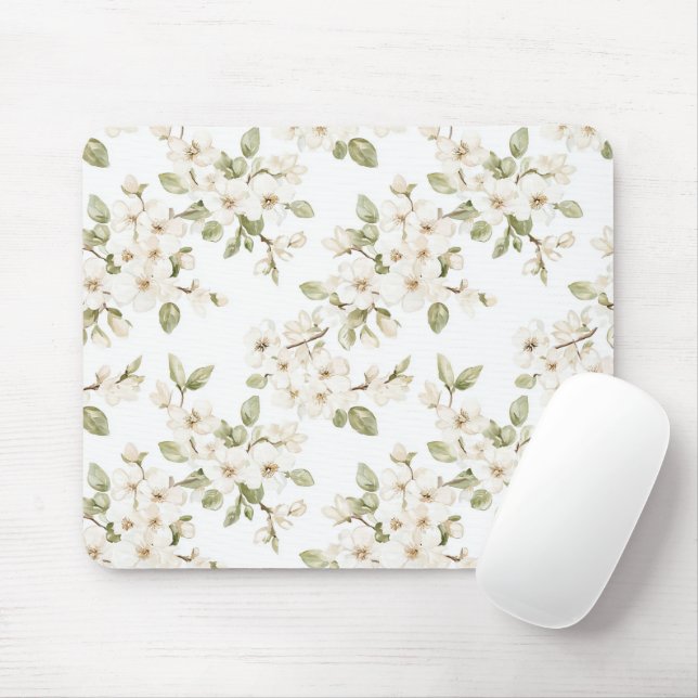 Pretty White Flowers Mouse Mat (With Mouse)
