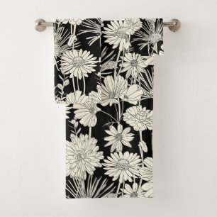 Pretty White Flowers on Black Background Bath Towel Set