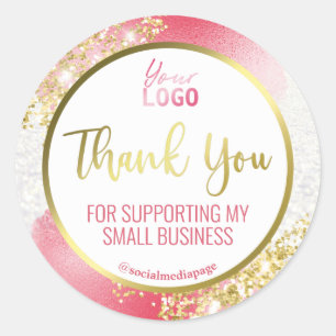 Pretty White Glitter Pink And Gold Thank You Logo Classic Round Sticker