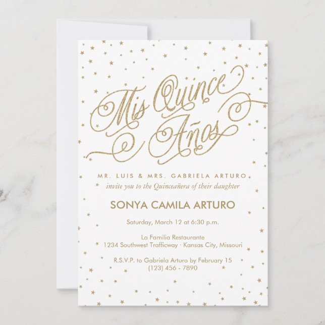 Pretty White & Gold Stars Quinceañera Party Invitation (Front)