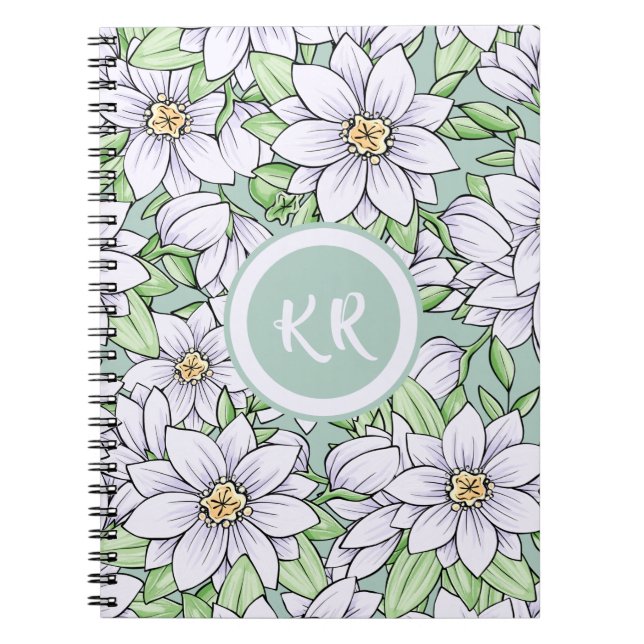 Pretty White Green Floral Flowers Leaves Monogram Notebook (Front)