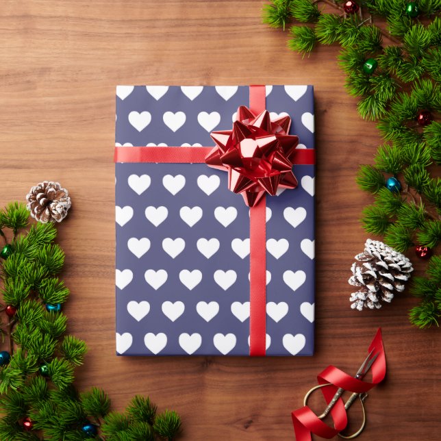 Pretty White Hearts Pattern Blue Wrapping Paper (Holiday Gift)