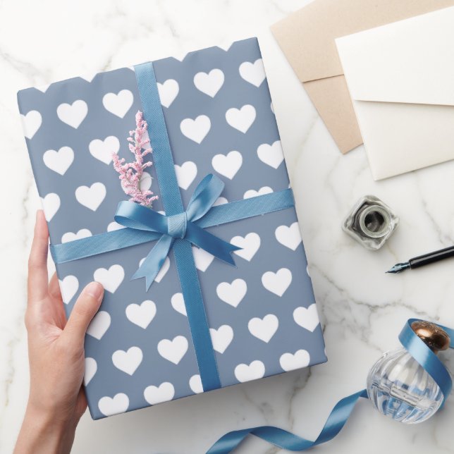 Pretty White Hearts Pattern Vintage Blue Wrapping Paper (Gifting)