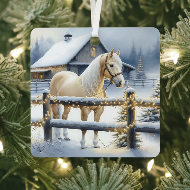 Pretty White Horse Farm Christmas Personalised Metal Tree Decoration (Insitu)