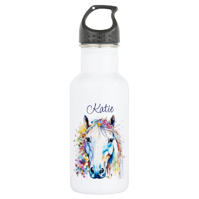 Pretty White Horse Floral Personalised  532 Ml Water Bottle (Front)