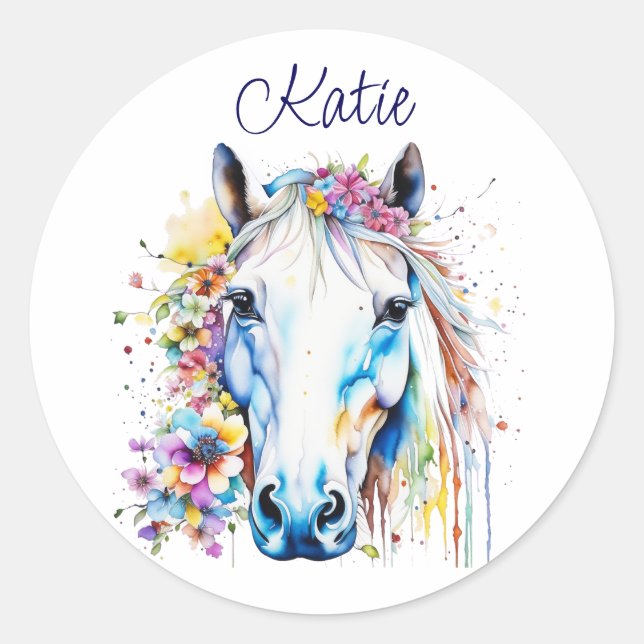 Pretty White Horse Floral Personalised  Classic Round Sticker (Front)