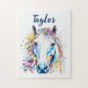 Pretty White Horse Floral Personalised  Jigsaw Puzzle