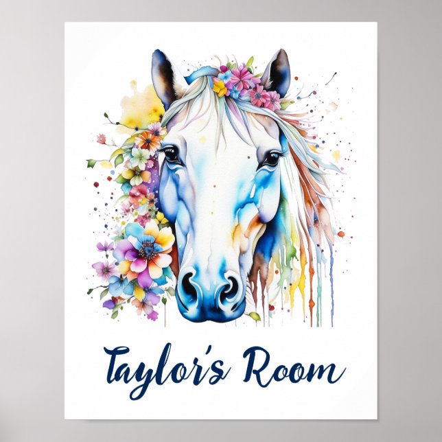 Pretty White Horse Floral Personalised  Poster (Front)