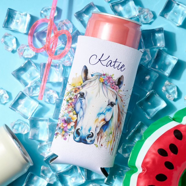 Pretty White Horse Floral Personalised  Seltzer Can Cooler (In Situ Summer)