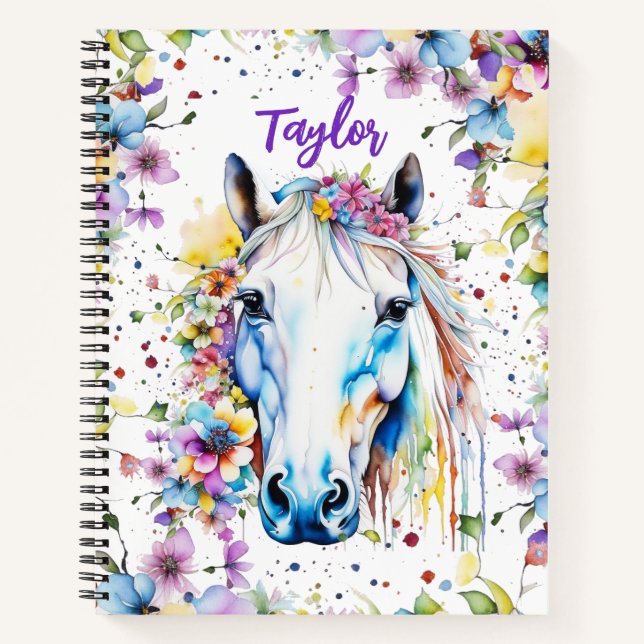 Pretty White Horse Floral Personalised Sketchbook Notebook (Front)