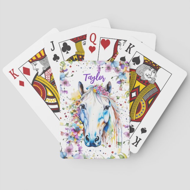Pretty White Horse Floral Personalised Sketchbook Playing Cards (Back)