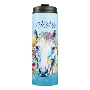 Pretty White Horse Floral Personalised Thermal Tumbler