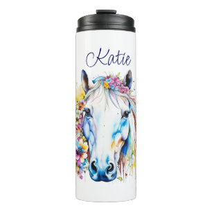 Pretty White Horse Floral Personalised Thermal Tumbler