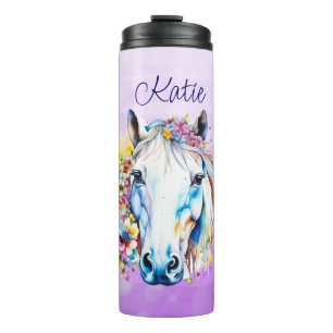 Pretty White Horse Floral Personalised  Thermal Tumbler