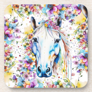 Pretty White Horse Floral Purple and Pink Coaster
