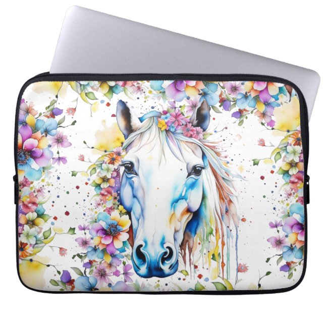 Pretty White Horse Floral Purple and Pink Laptop Sleeve (Front)