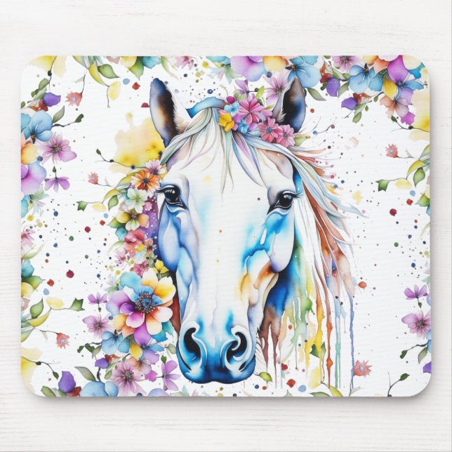 Pretty White Horse Floral Purple and Pink Mouse Mat (Front)
