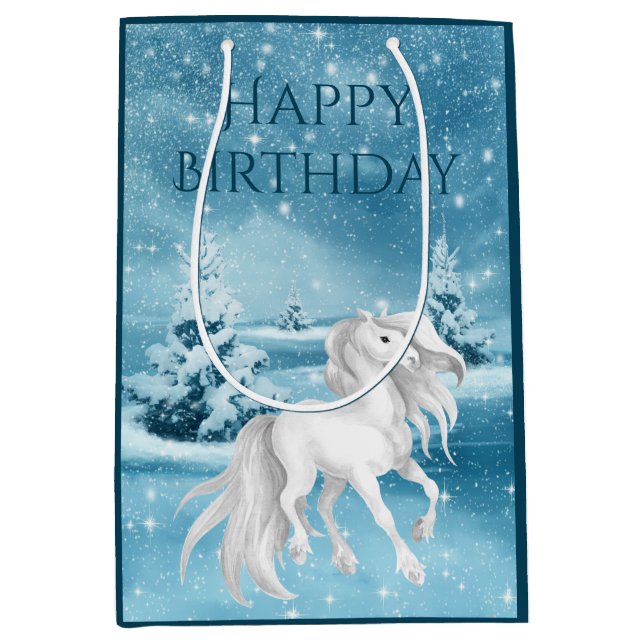 Pretty White Horse on Snowy Winter Night Birthday Medium Gift Bag (Front)