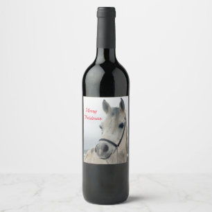 Pretty White Horse Photo Christmas Wine Label