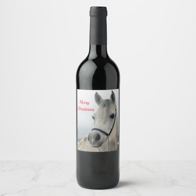 Pretty White Horse Photo Christmas Wine Label (Front)