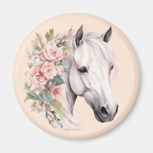 Pretty White Horse Pink Flowers Elegant Whimsical Magnet