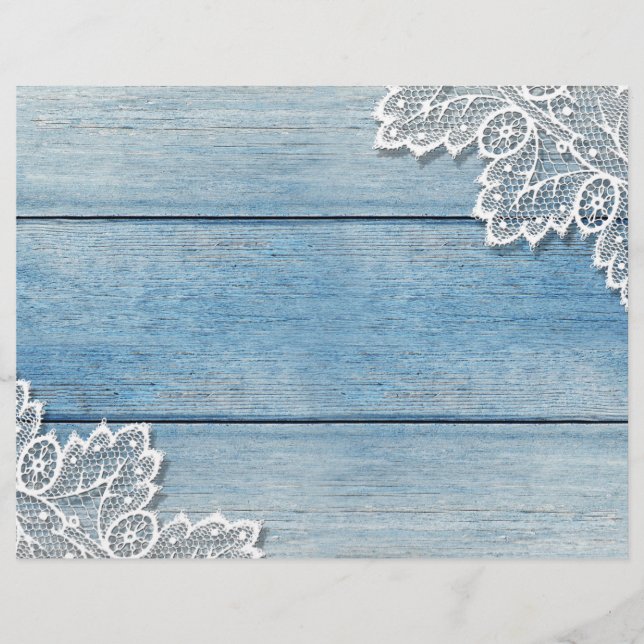 Pretty White Lace Denim Blue Wood Scrapbook Paper (Front)
