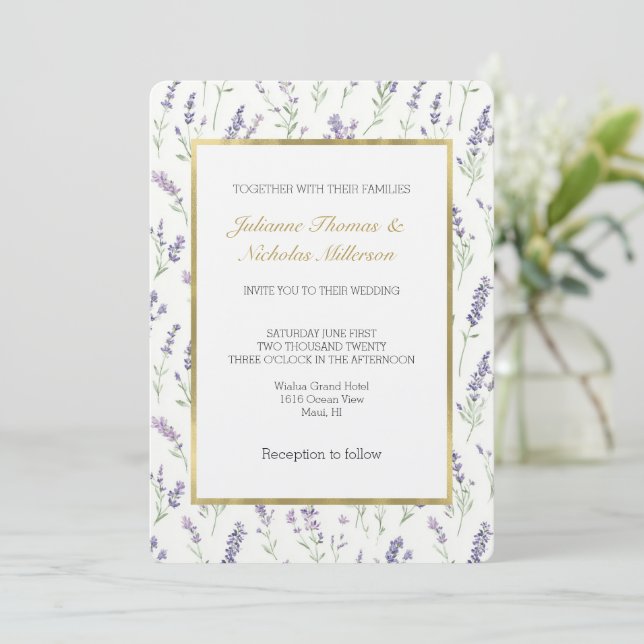 Pretty White Lavender Flowers Wedding Invitation (Standing Front)