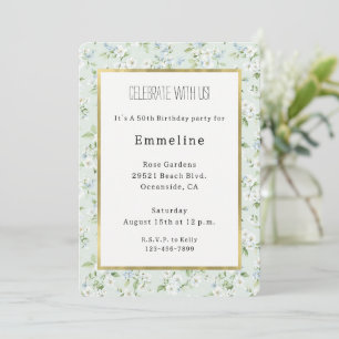 Pretty White Light Blue Floral Birthday Invitation