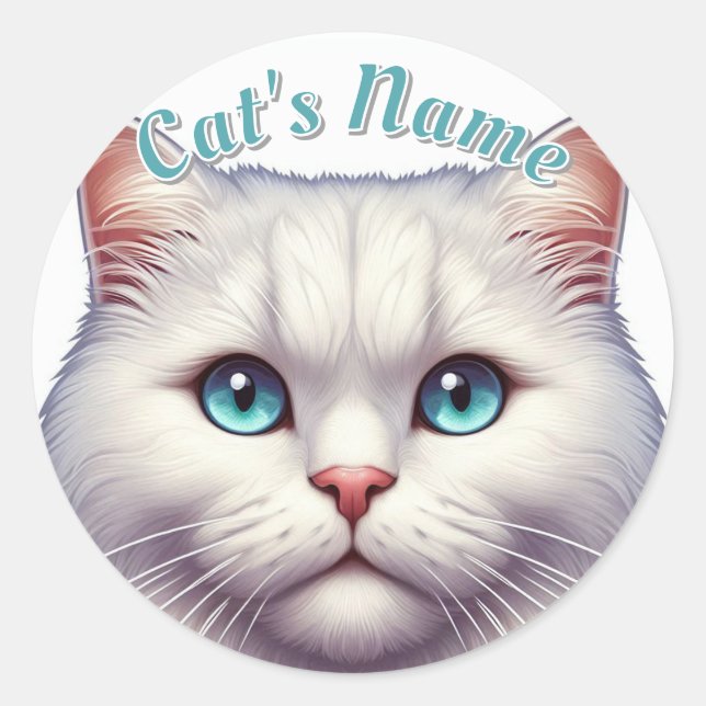Pretty White Longhair Cat • Personalised Classic Round Sticker (Front)
