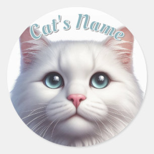 Pretty White Longhaired Cat • Personalised Classic Round Sticker