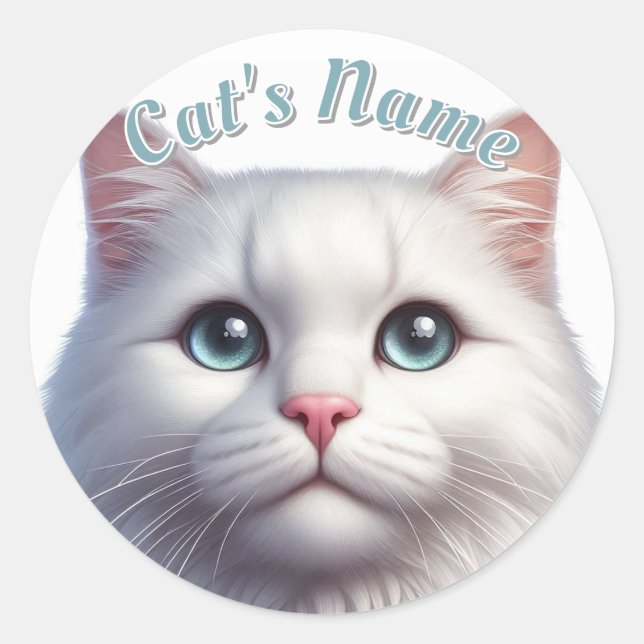 Pretty White Longhaired Cat • Personalised Classic Round Sticker (Front)