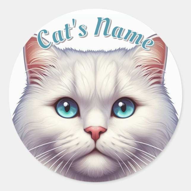 Pretty White Longhaired Cat • Personalised Classic Round Sticker (Front)