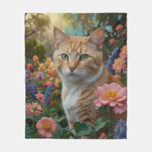 Pretty white orange cat in floral garden fleece blanket