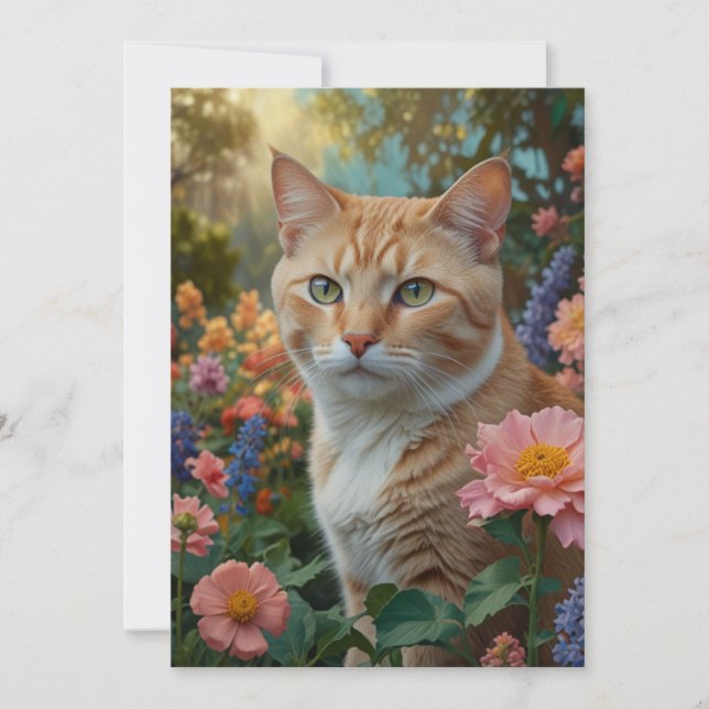 Pretty white orange cat in floral garden invitation (Front)