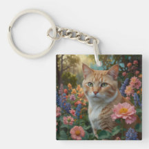 Pretty white orange cat in floral garden