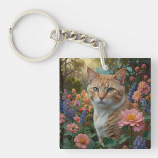 Pretty white orange cat in floral garden key ring
