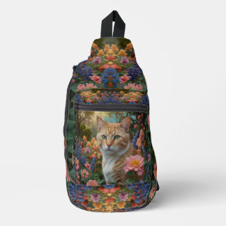 Pretty white orange cat in floral garden sling bag
