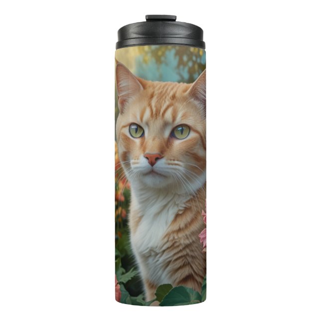 Pretty white orange cat in floral garden thermal tumbler (Front)